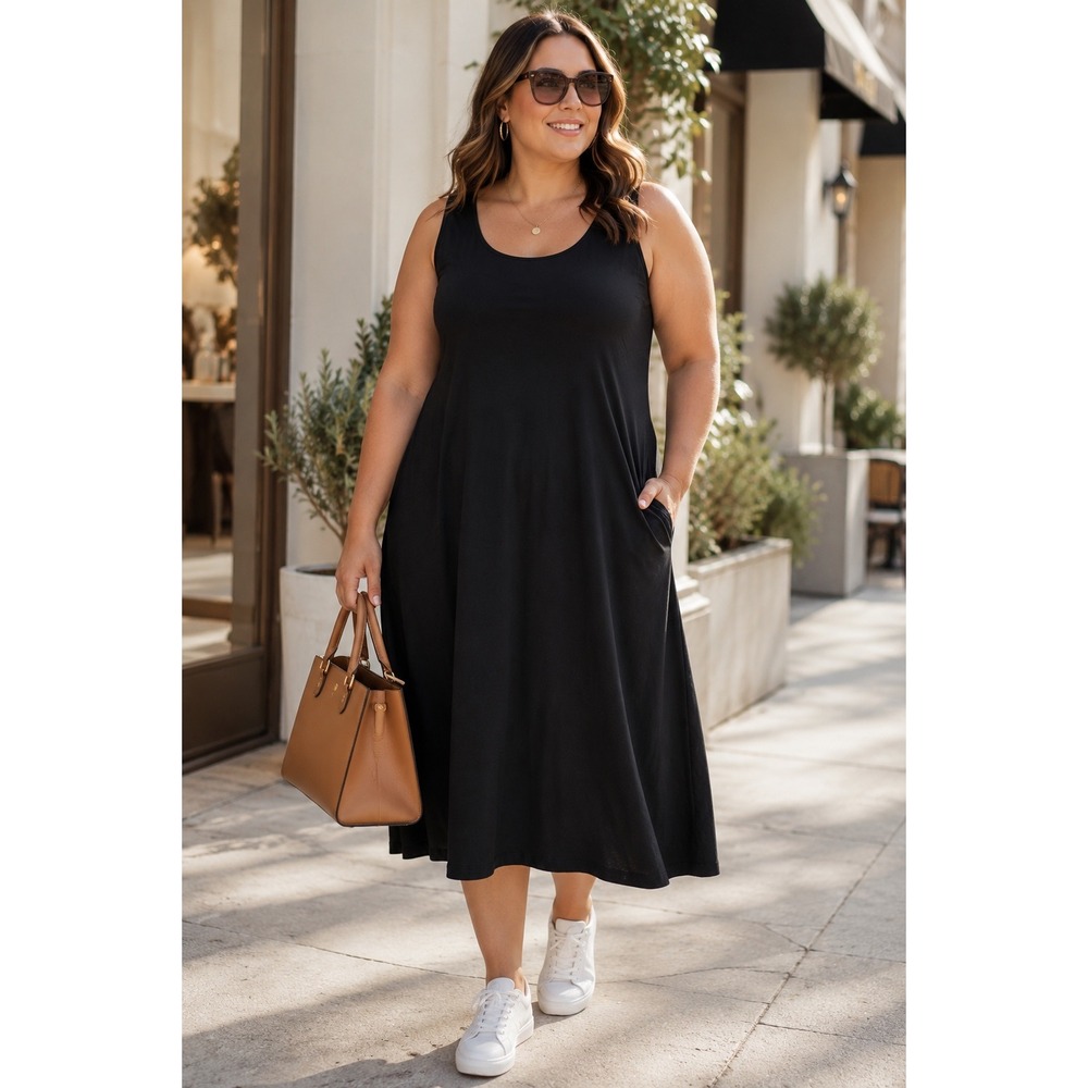 Yelete Black Sleeveless Stretch Midi Dress 3XL Cotton Blend Casual Plus Size